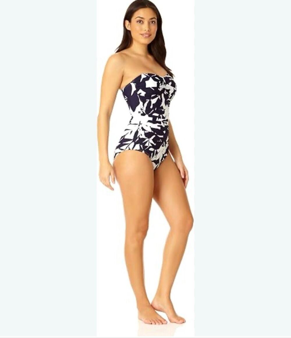 Anne Cole Women's Twist Front Shirred One Piece Swimsuit, Navy White Size 8 NWT